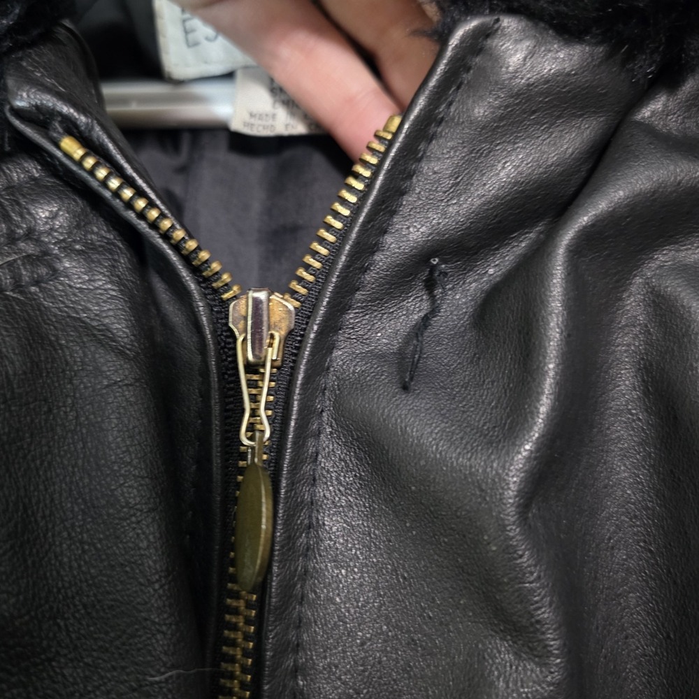 Vintage Genuine Leather Black‎ Coat Faux Fur Hood Y2K Minimalist Jacket - Picture 5 of 16